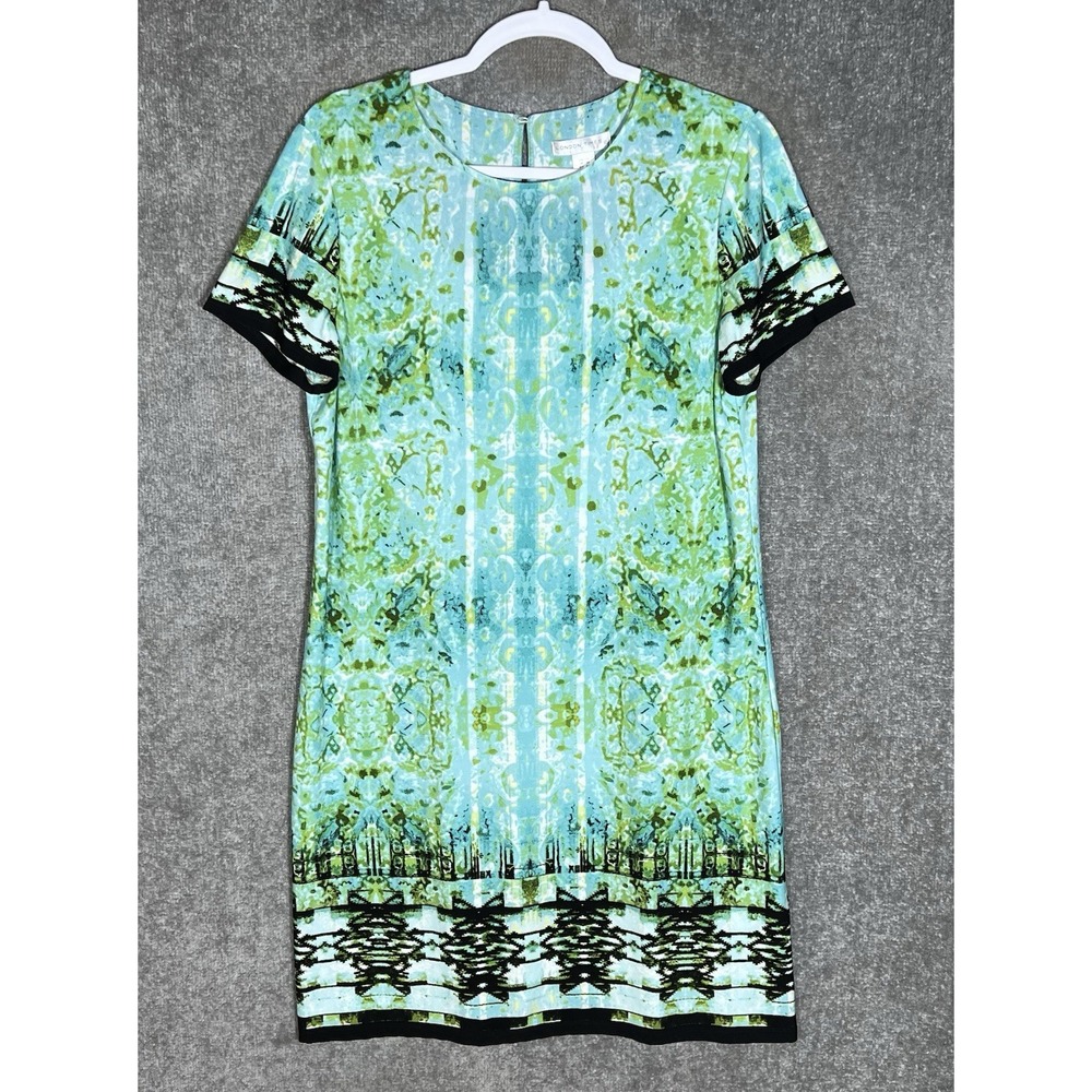 London Times Shift Dress Womens Size 14 Green Blue Abstract Stretch Short Sleeve